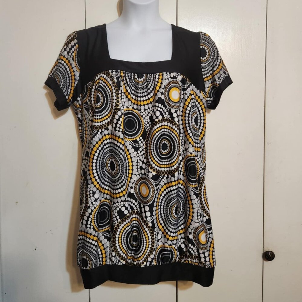 2X Sixteen Black/Yellow Geometric Groovy Hippie Boho 90s Y2K Short Sleeve Top